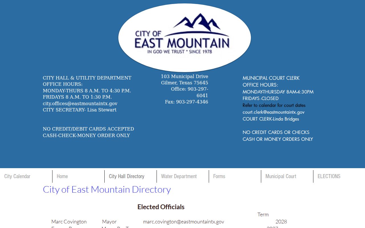 East Mountain City Hall directory with municipal court contact routing