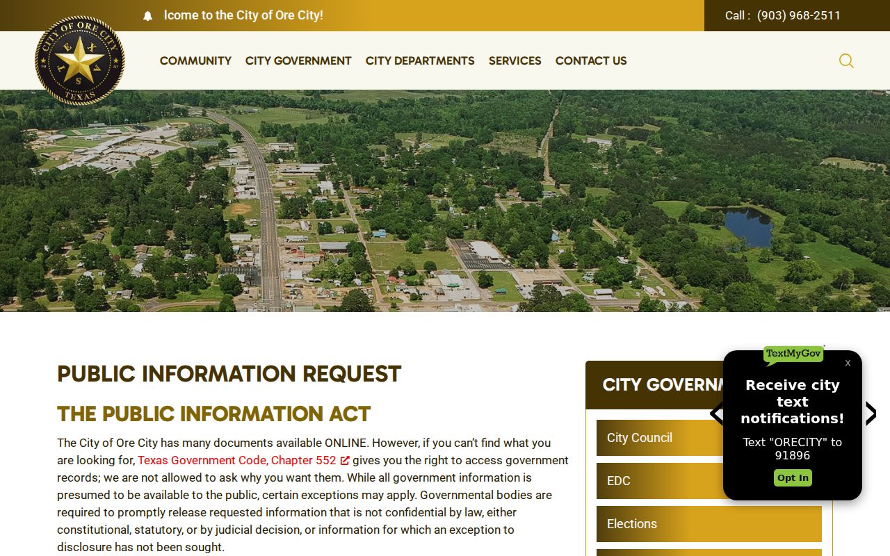 Ore City Public Information Act request page