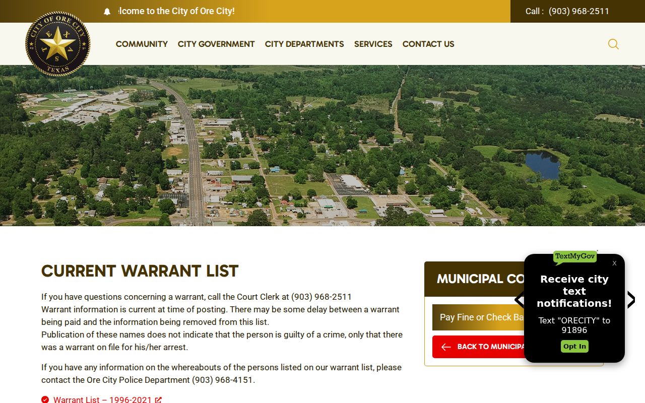Ore City Municipal Court page heading and notice about the current warrant list